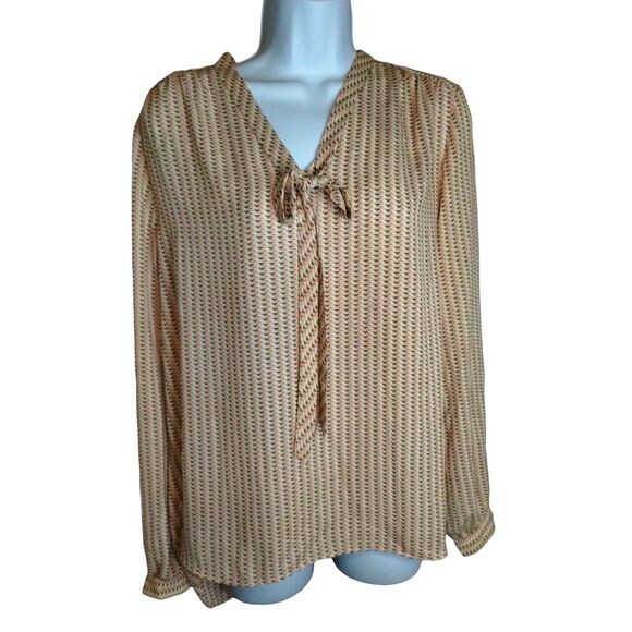 Adrienne Vittadini Peach and Brown Striped Blouse Scarf Tie Neck Size Large - Picture 2 of 7